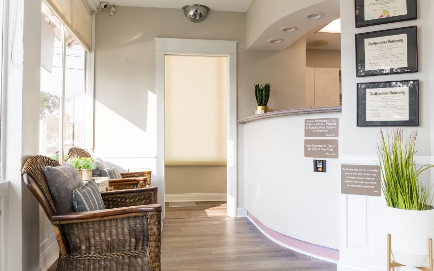 Front desk and hallway leading to dental treatment rooms